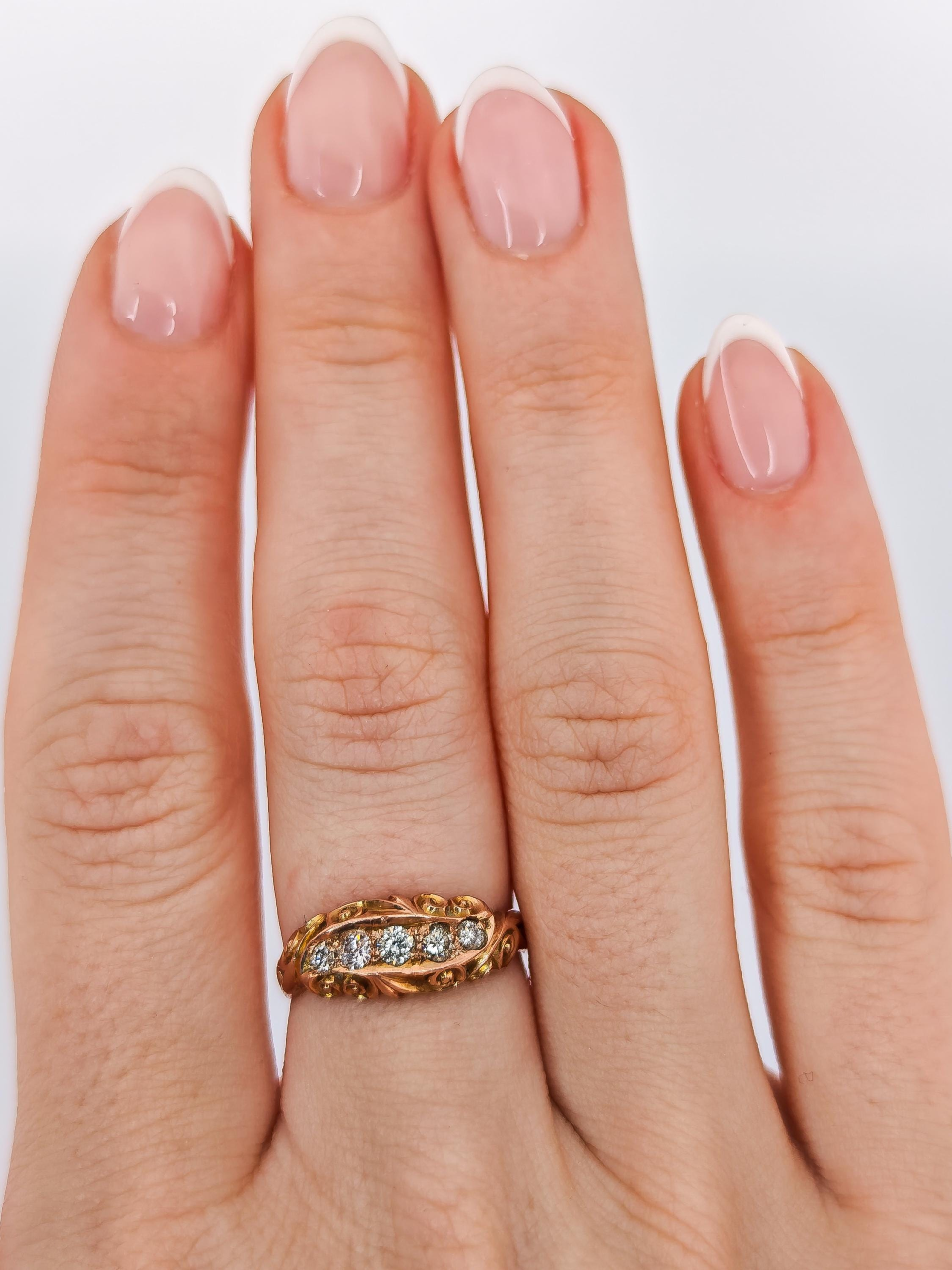 Edwardian 9ct Rose Gold Diamond Five Stone Ring, Size 7.25 US / O 1/2 U.K, Resizing Available, Antique Old-Cut Diamonds
