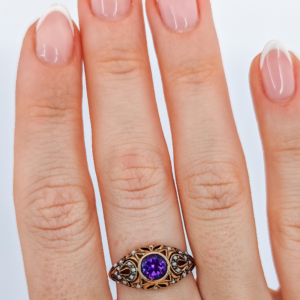 9ct Gold Amethyst and Seed Pearl Vintage Ring, Size UK Q, U.S. 8 Resizing Available