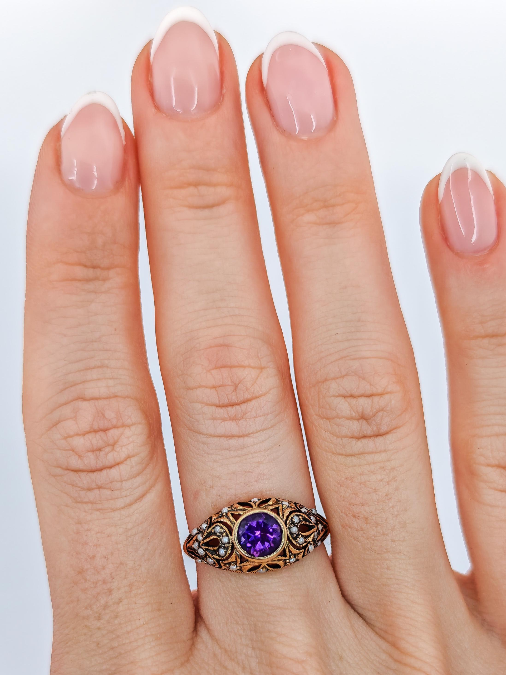 9ct Gold Amethyst and Seed Pearl Vintage Ring, Size UK Q, U.S. 8 Resizing Available