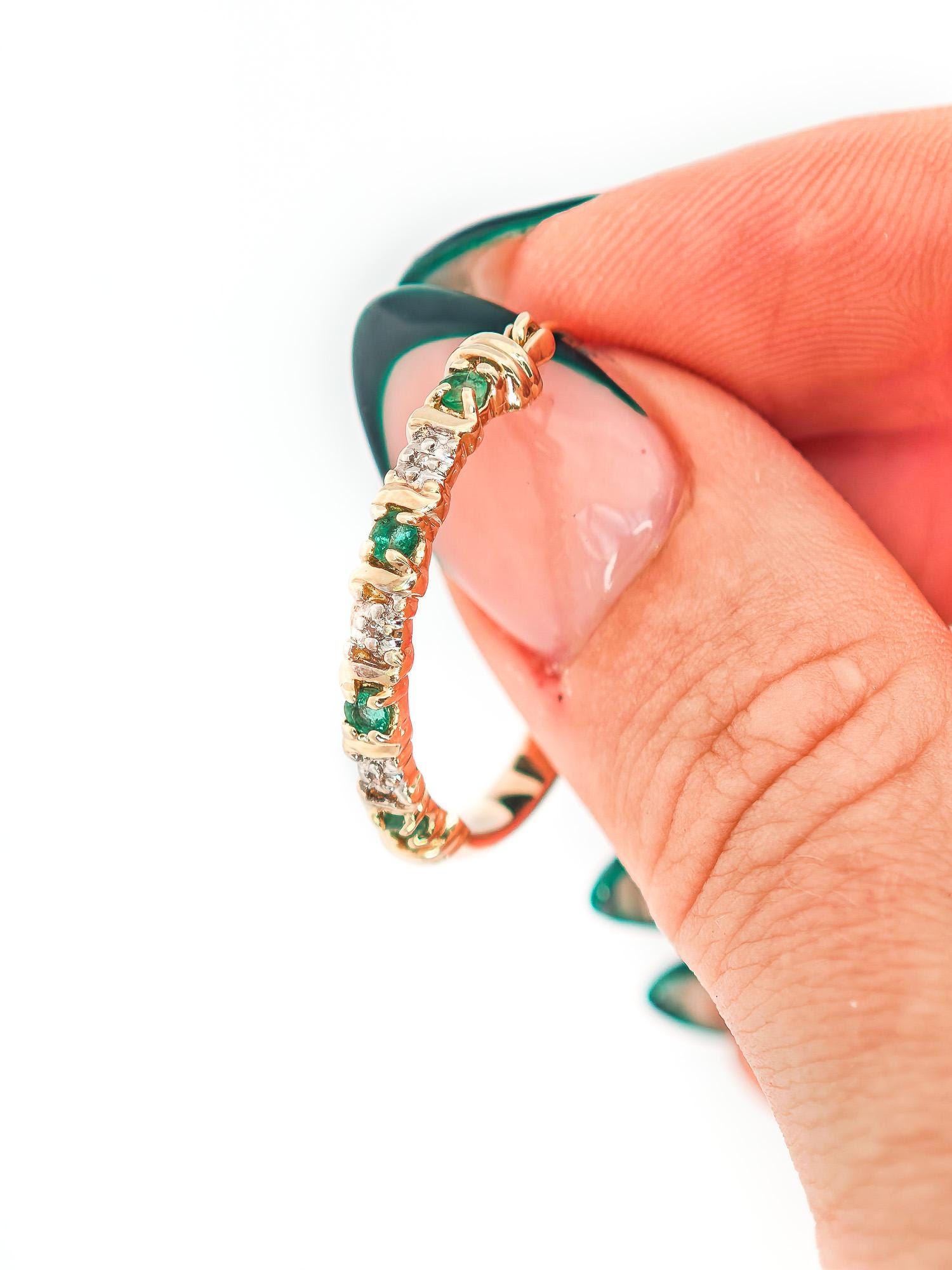 Vintage 10k Solid Gold Emerald Diamond Hoop Earrings